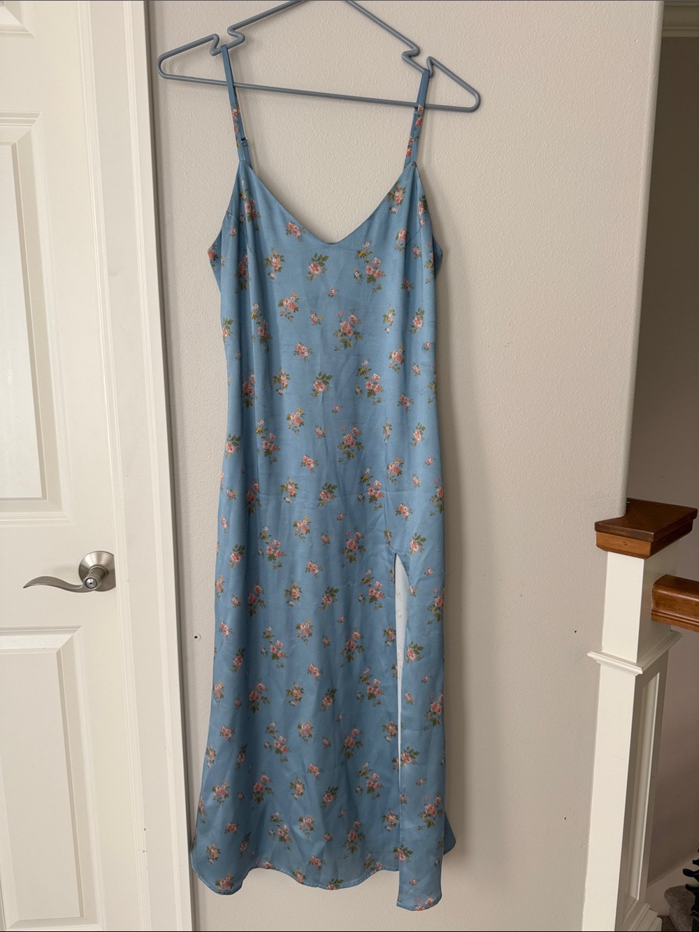 Reformation Blue Floral Slip Midi Dress with Side Slit